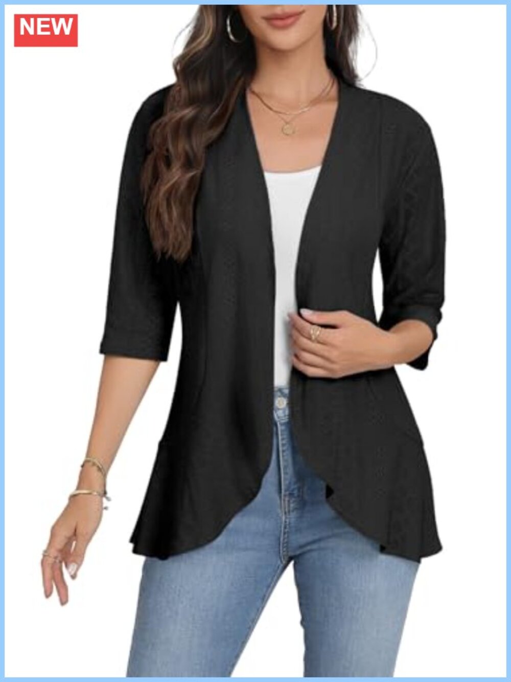 Women's Open Front Cardigan 3/4 Sleeve Lightweight Eyelet Ruffle Kimono Cover Up